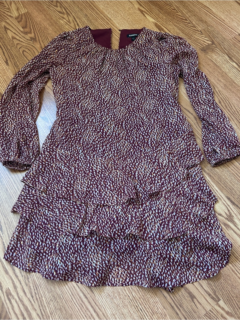 Express Women's Burgundy Printed Long Sleeve Tiered Dress